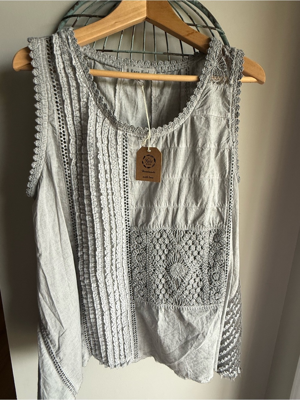 A Rare Bird-Bohemian Lace Panel Scoop Neck Tank - Light Gray
